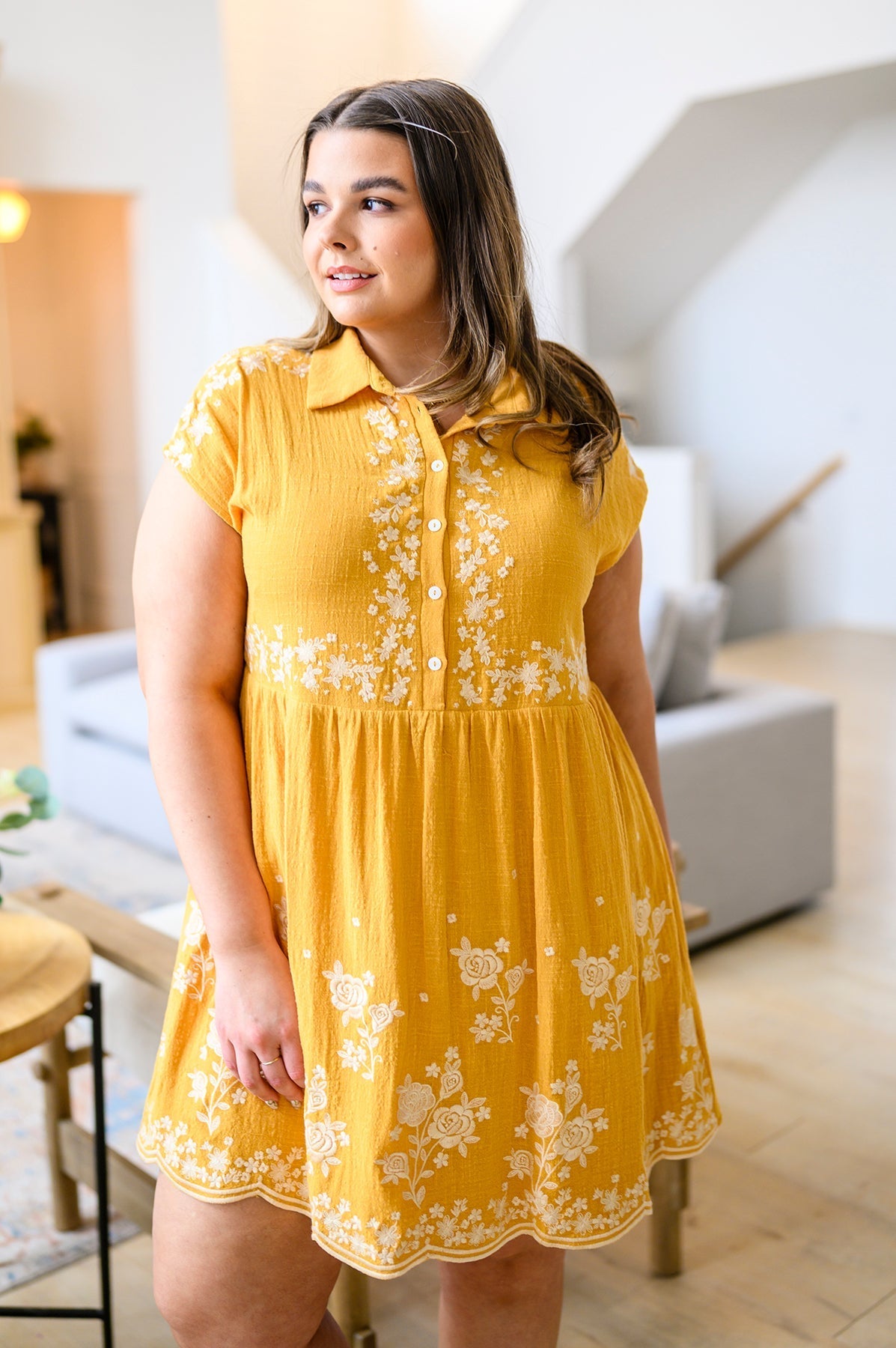 Marigold Embroidered Babydoll Dress Lightweight Rayon Cotton