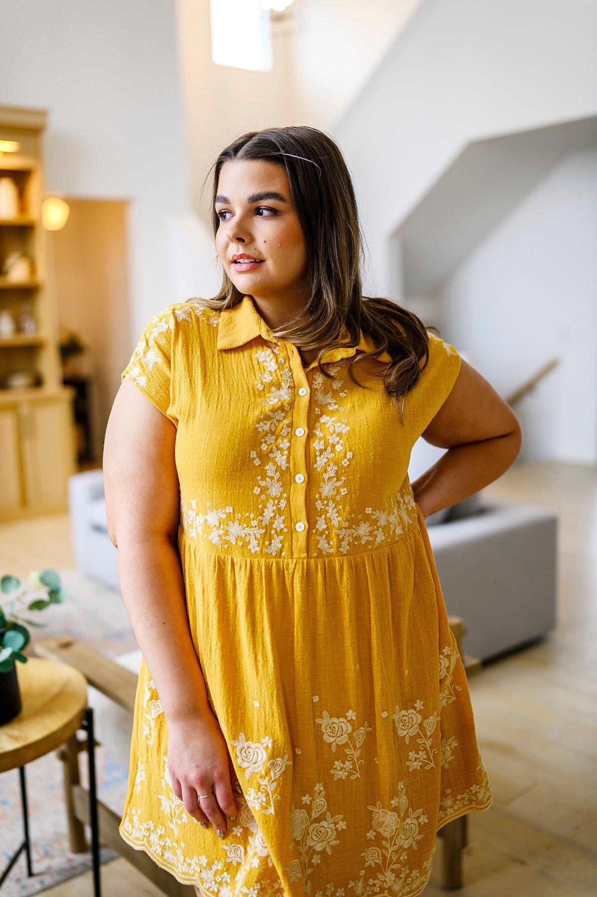 Marigold Embroidered Babydoll Dress Lightweight Rayon Cotton