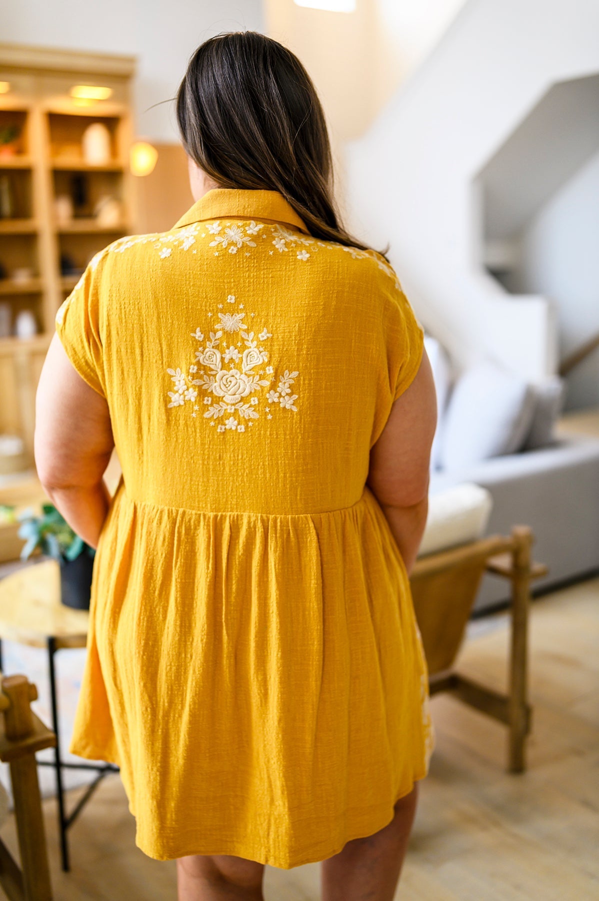 Marigold Embroidered Babydoll Dress Lightweight Rayon Cotton