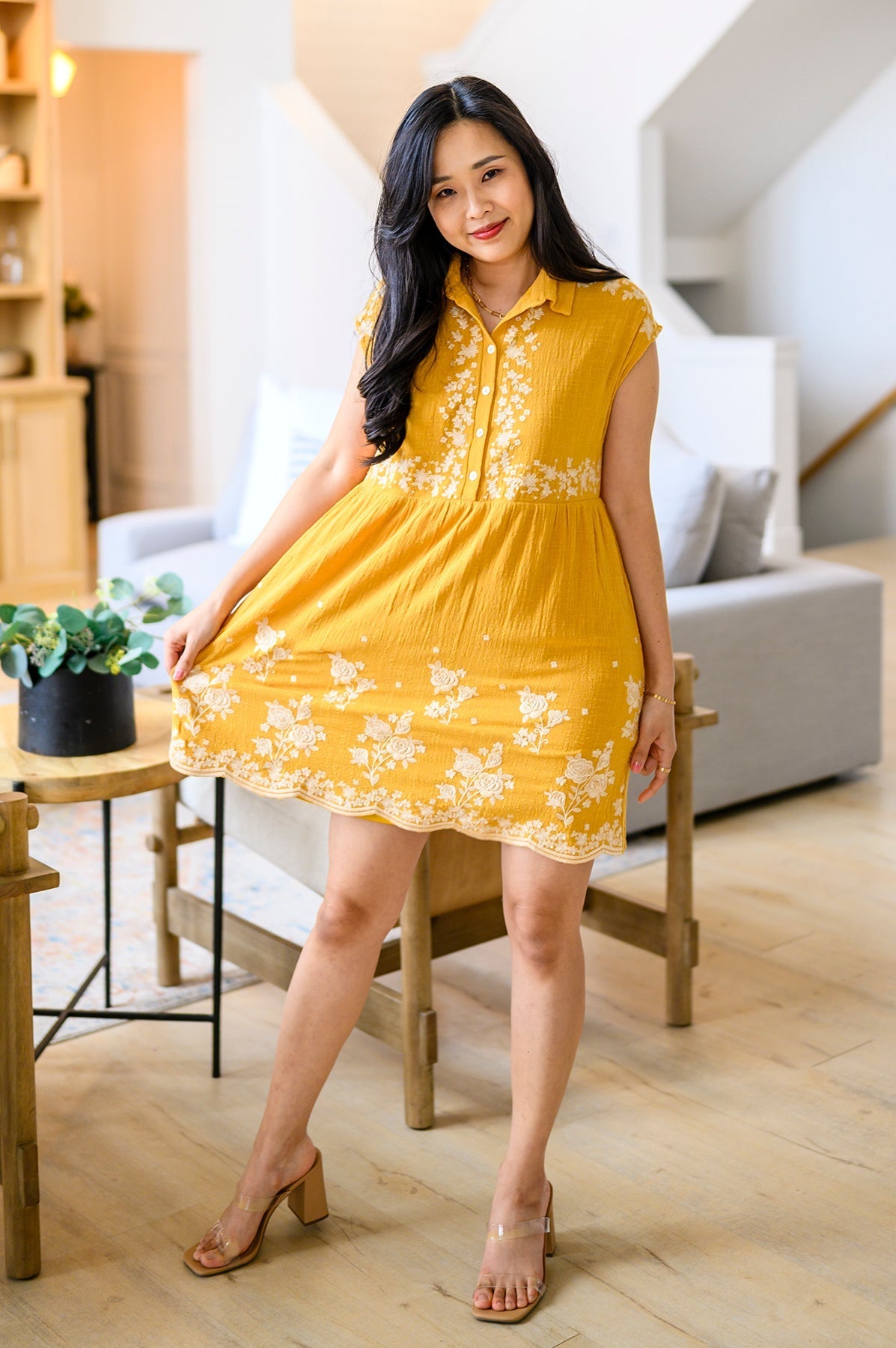 Marigold Embroidered Babydoll Dress Lightweight Rayon Cotton