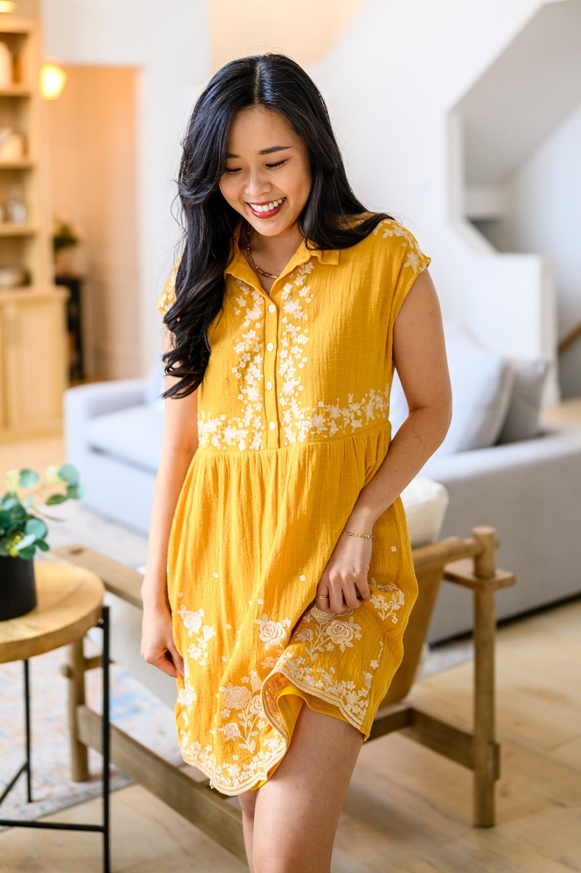 Marigold Embroidered Babydoll Dress Lightweight Rayon Cotton