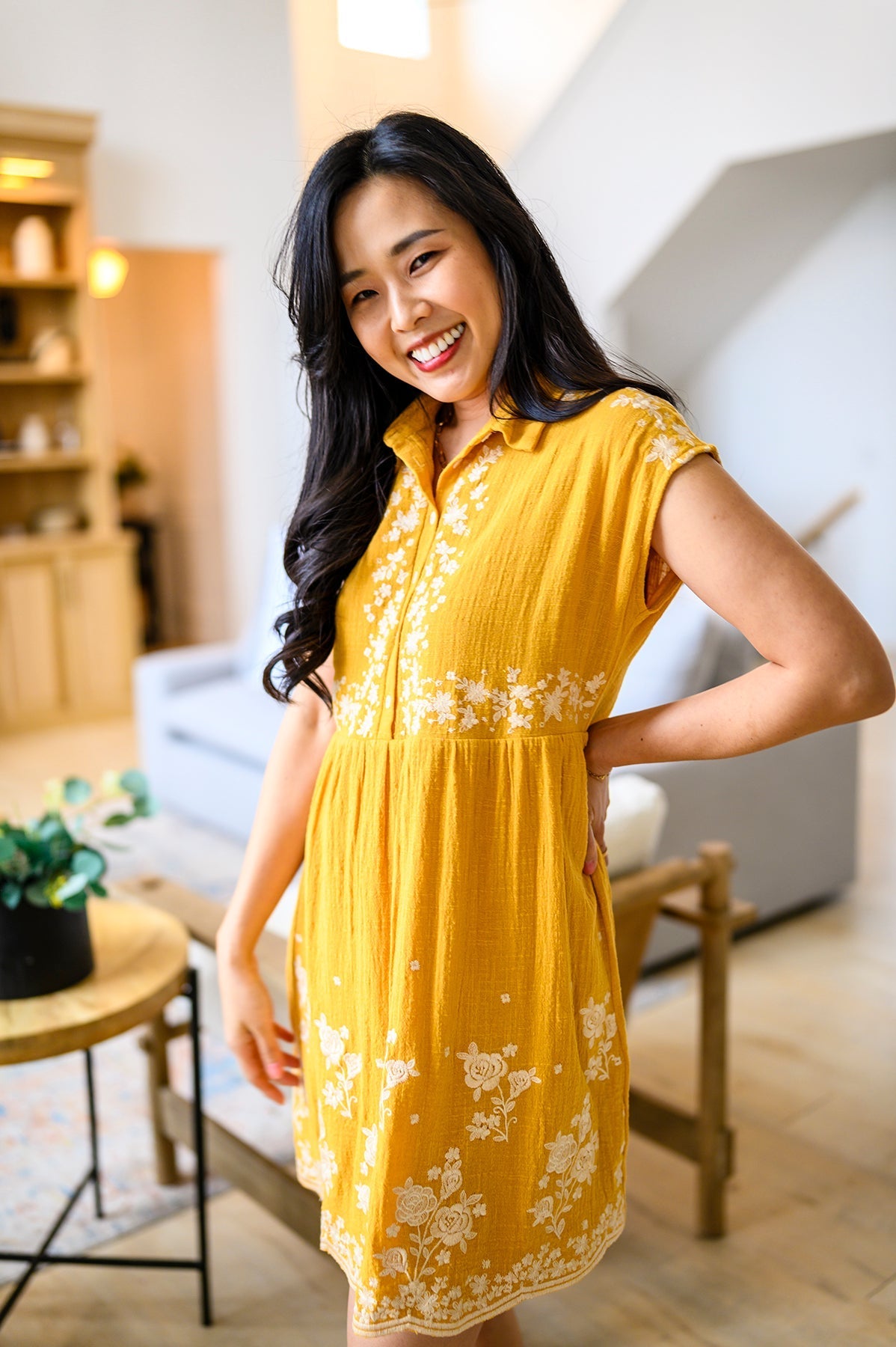 Marigold Embroidered Babydoll Dress Lightweight Rayon Cotton