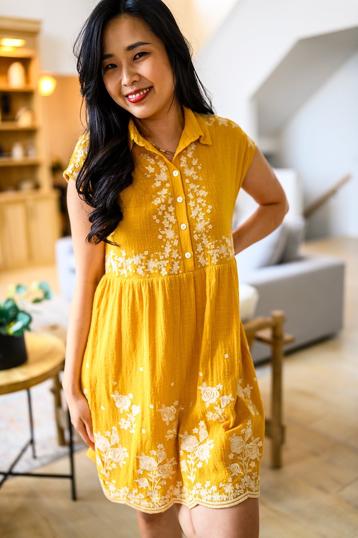 Marigold Embroidered Babydoll Dress Lightweight Rayon Cotton