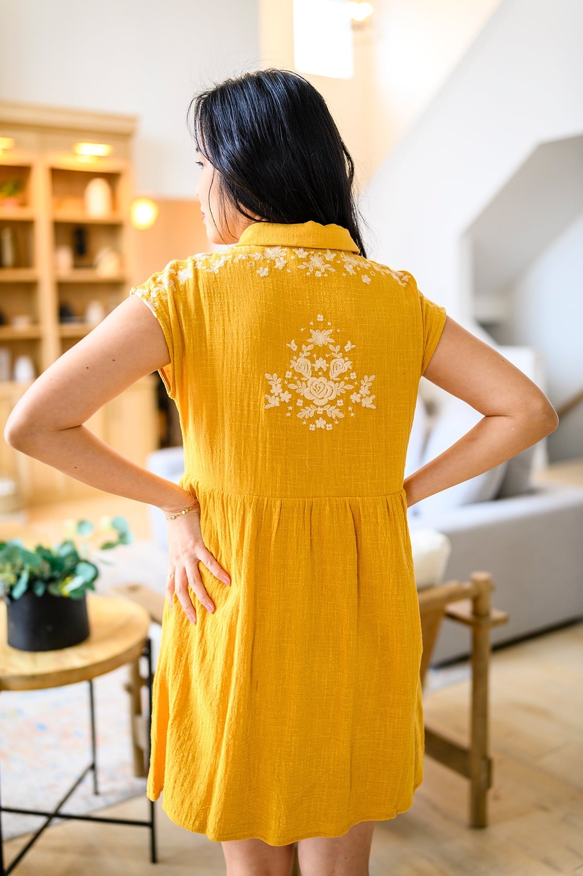 Marigold Embroidered Babydoll Dress Lightweight Rayon Cotton