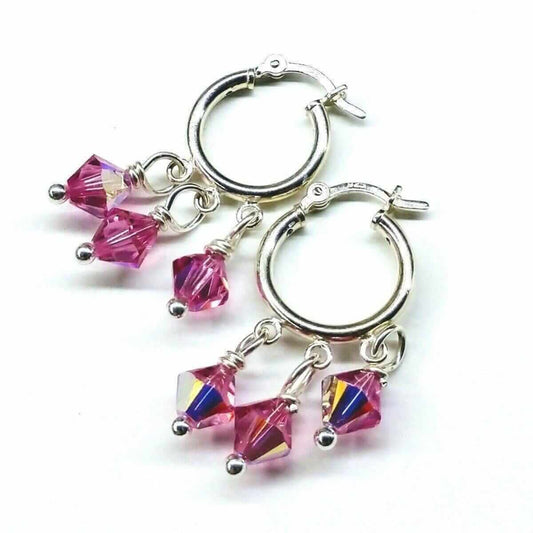 Mini Sterling Silver Hoop Pink Crystal Dangle Earrings Alexa Martha Designs