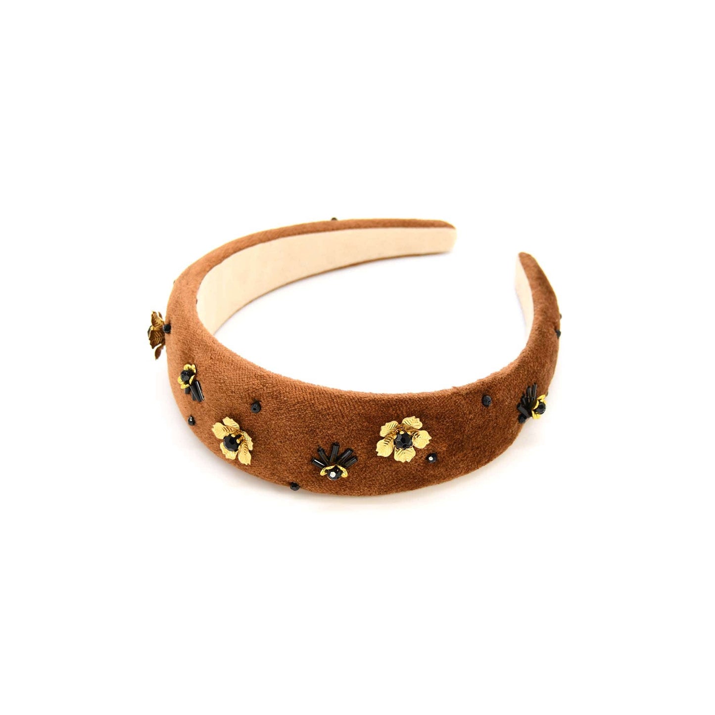 Mocha Brown Cotton Velvet Headband with Black Crystals ADIBA