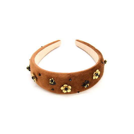 Mocha Brown Cotton Velvet Headband with Black Crystals ADIBA