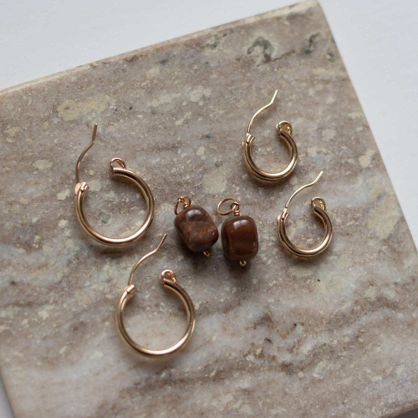Mocha Wood Opalite Hoop Charms 14k Gold Filled