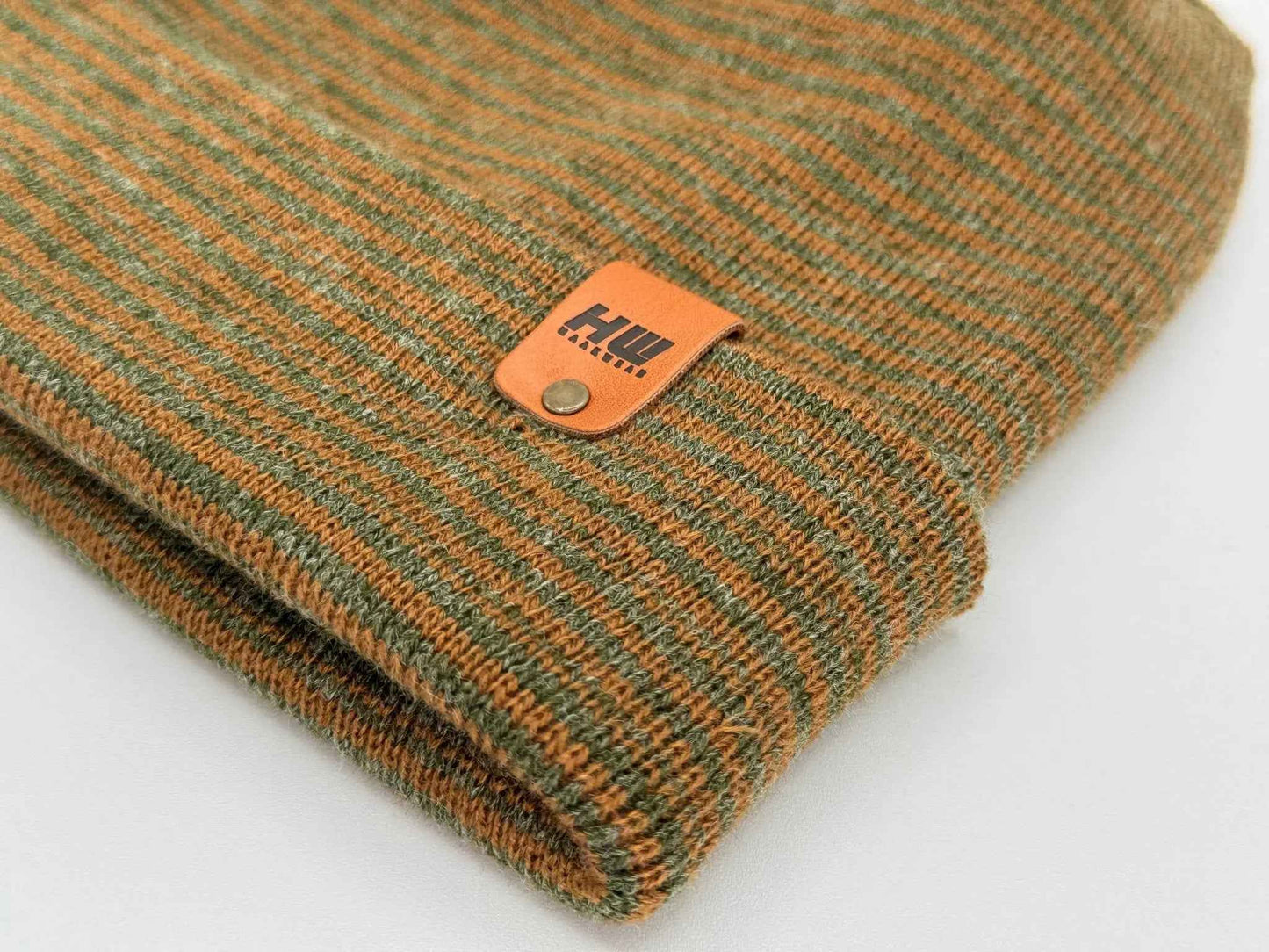 Modern H Stitch Contrast Cuffed Beanie (Patent Pending Design) Brown / Green, Made in USA