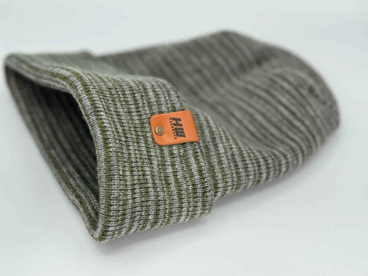 Modern H Stitch Contrast Cuffed Beanie (Patented Design) Gray / Green, Made in USA