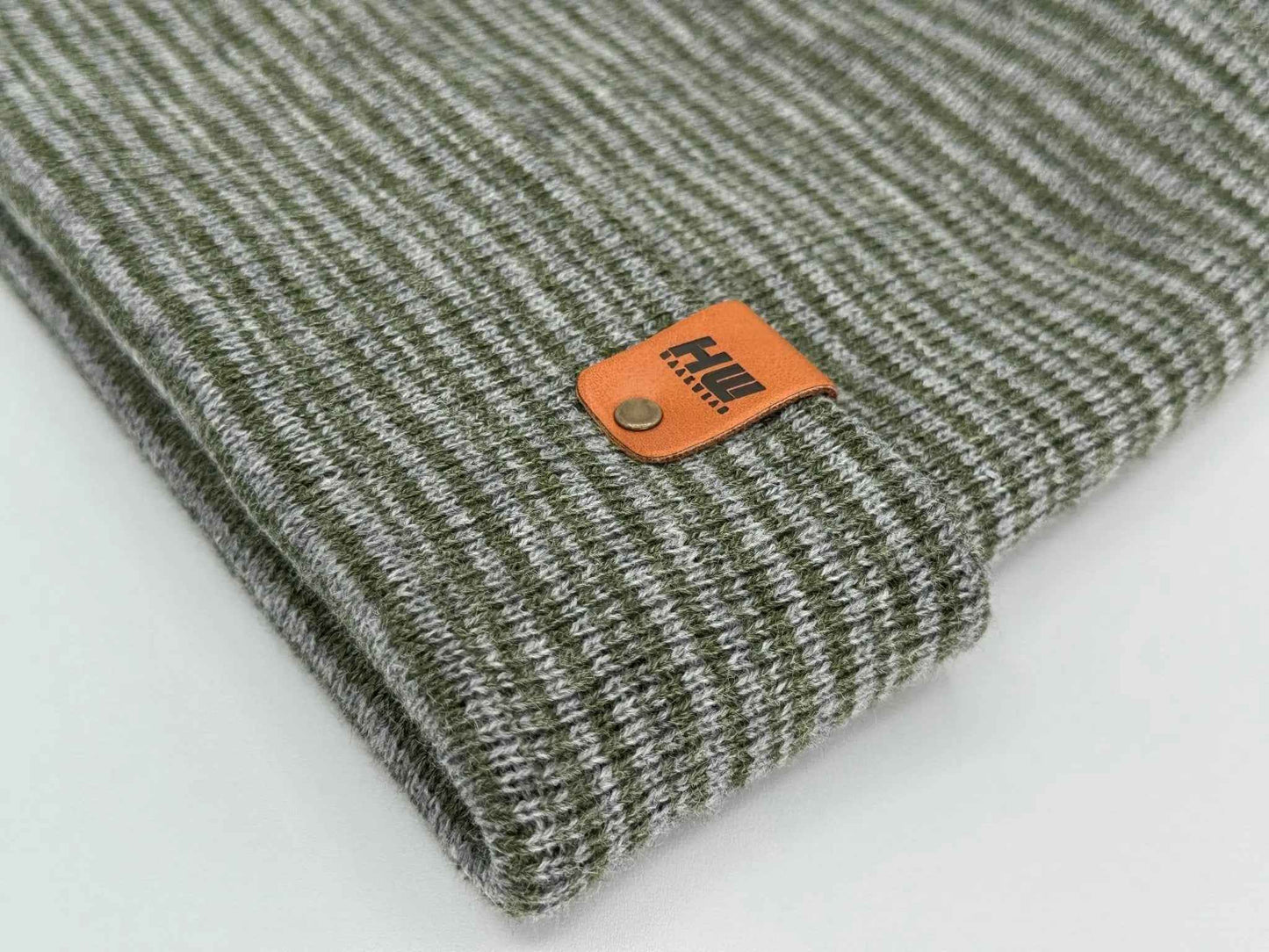 Modern H Stitch Contrast Cuffed Beanie (Patented Design) Gray / Green, Made in USA