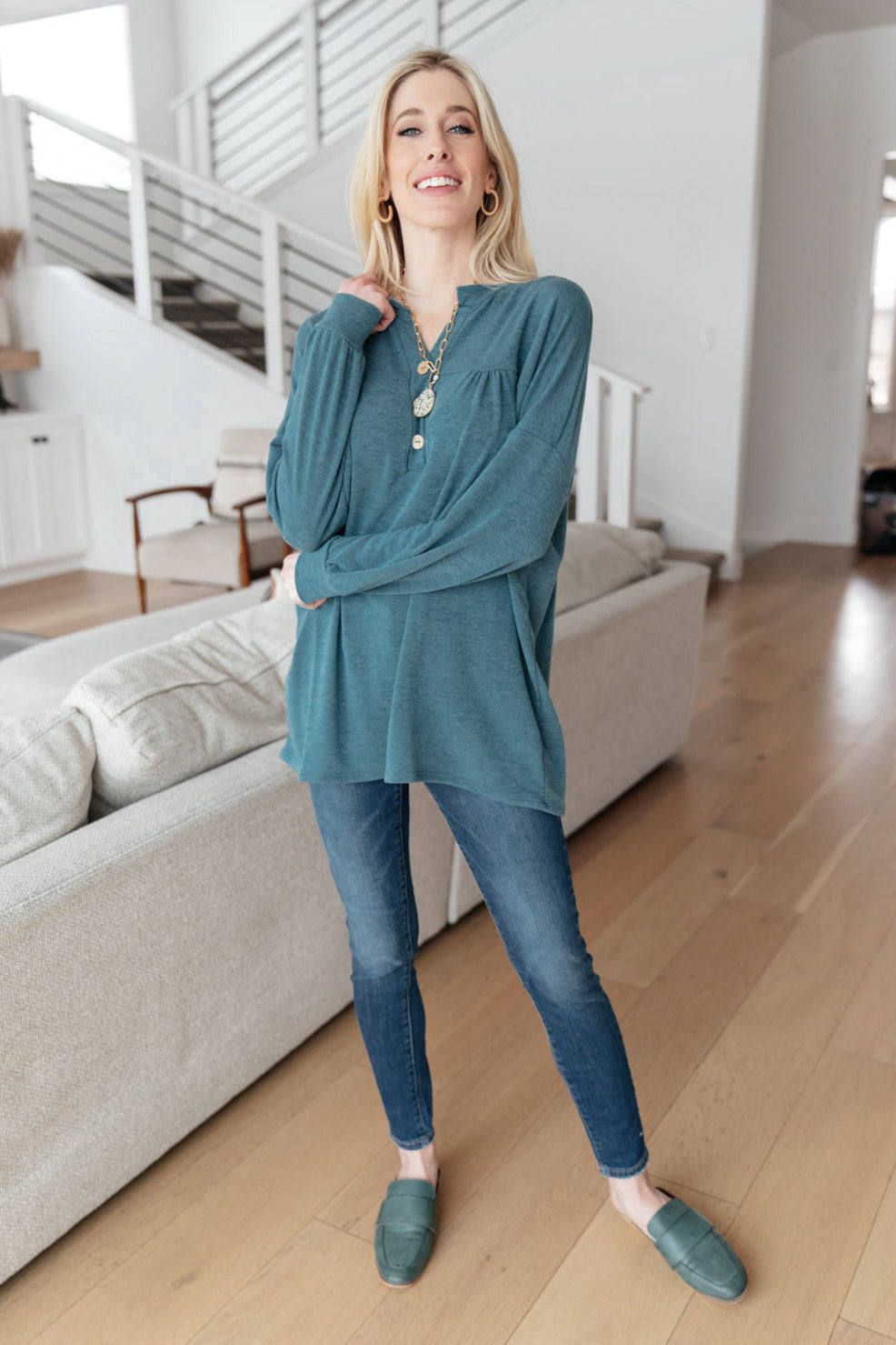 Blue Babydoll Henley Top Moon Bay Long Sleeve Sweet Rae's Boutique