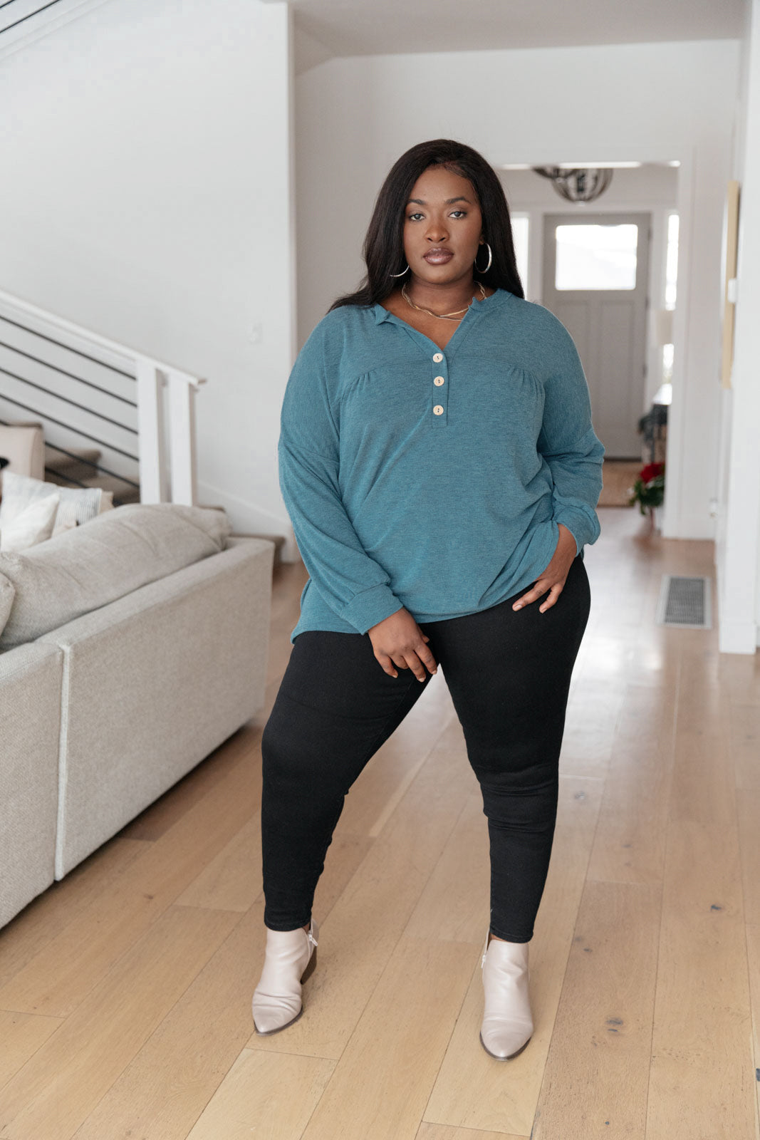 Blue Babydoll Henley Top Moon Bay Long Sleeve Sweet Rae's Boutique