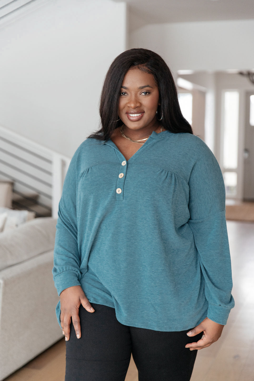 Blue Babydoll Henley Top Moon Bay Long Sleeve Sweet Rae's Boutique
