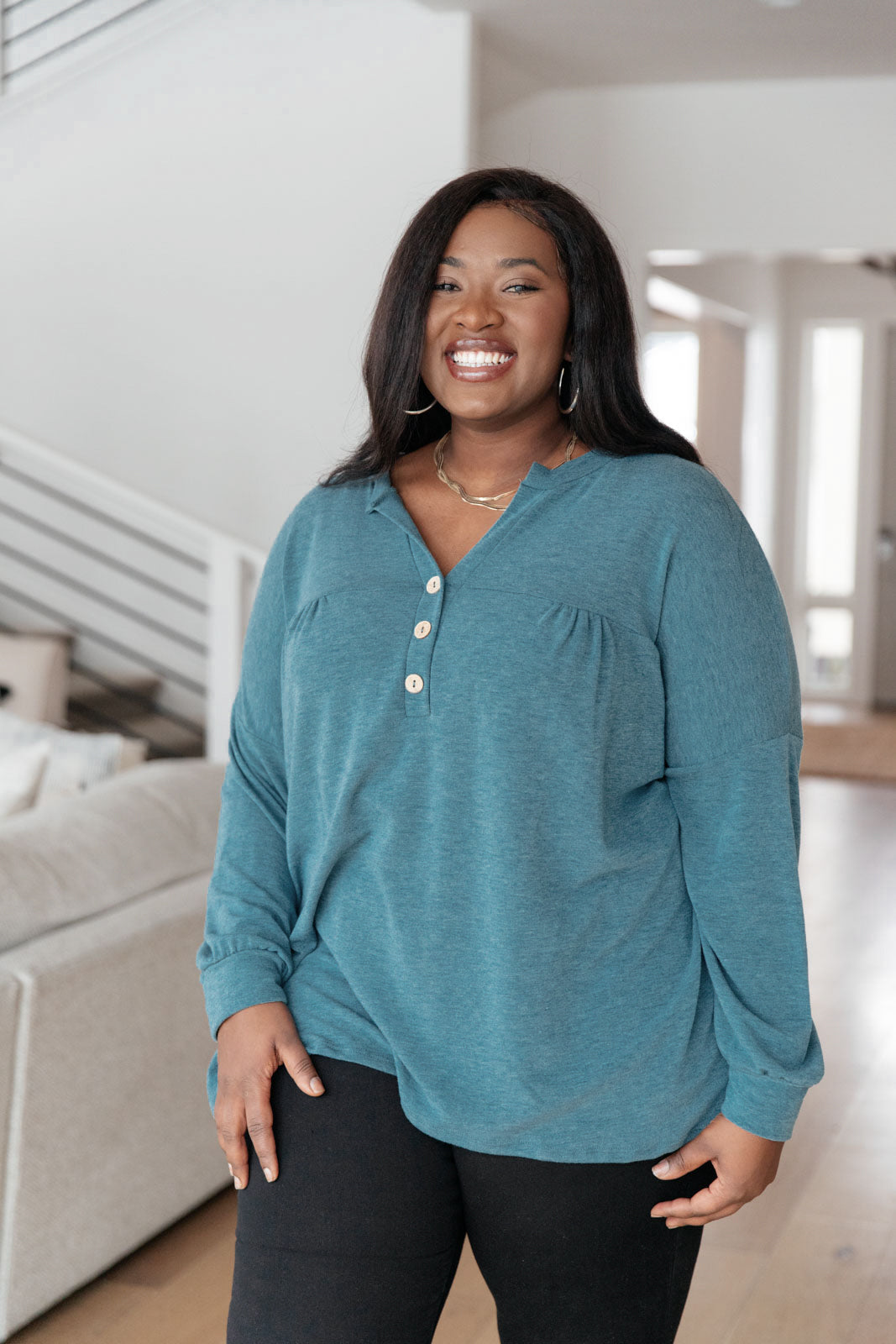 Blue Babydoll Henley Top Moon Bay Long Sleeve Sweet Rae's Boutique
