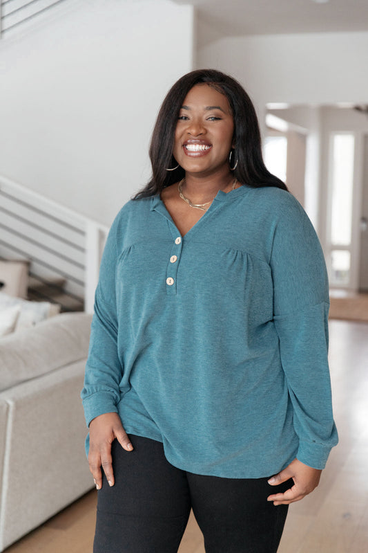 Blue Babydoll Henley Top Moon Bay Long Sleeve Sweet Rae's Boutique