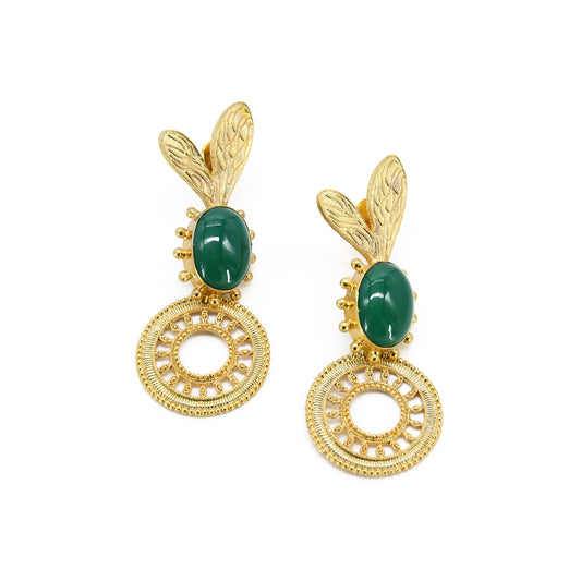 Natural Green Onyx Gemstone Leaves Earring Gold Plated