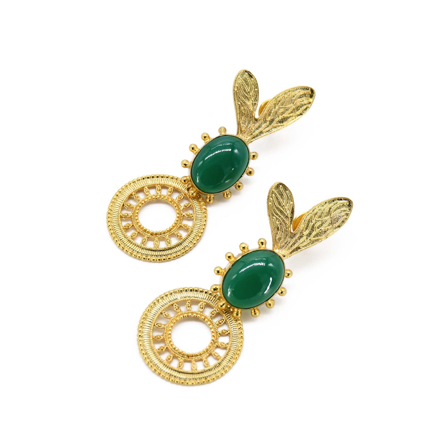 Natural Green Onyx Gemstone Leaves Earring Gold Plated