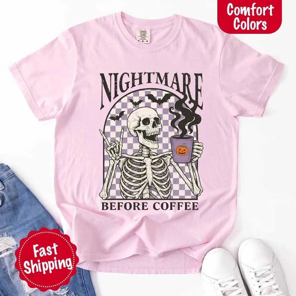 Nightmare Before Coffee Comfort Colors Shirt – Skeleton Funny Halloween Tee