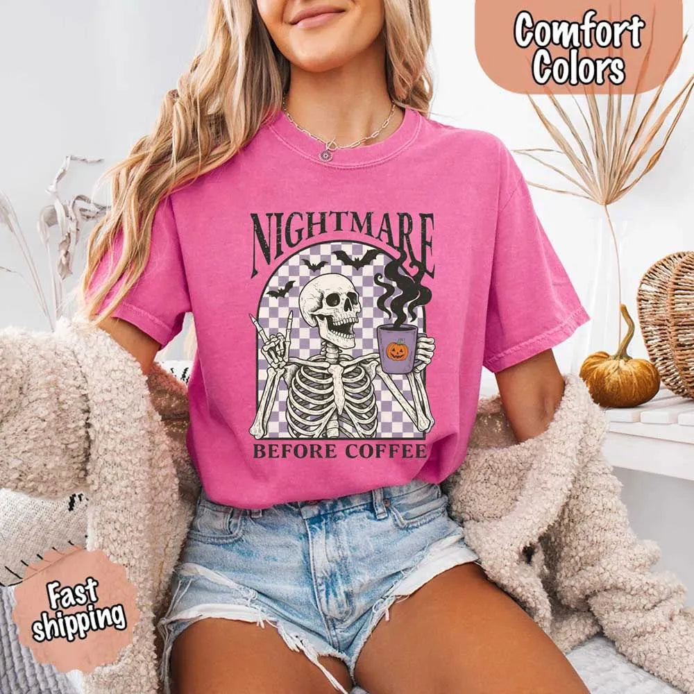 Nightmare Before Coffee Comfort Colors Shirt – Skeleton Funny Halloween Tee