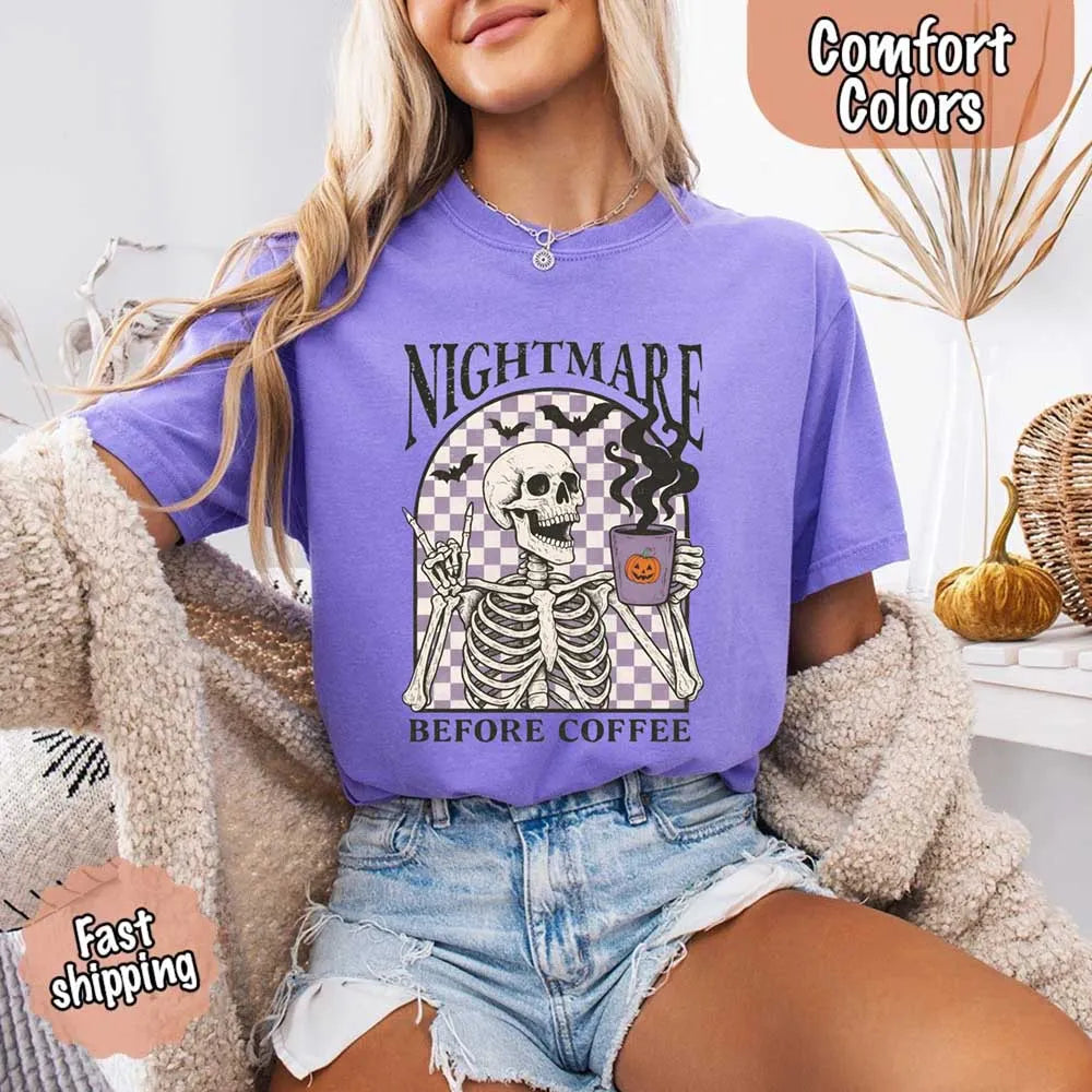 Nightmare Before Coffee Comfort Colors Shirt – Skeleton Funny Halloween Tee