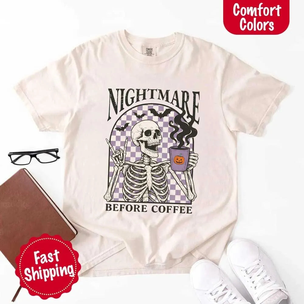 Nightmare Before Coffee Comfort Colors Shirt – Skeleton Funny Halloween Tee
