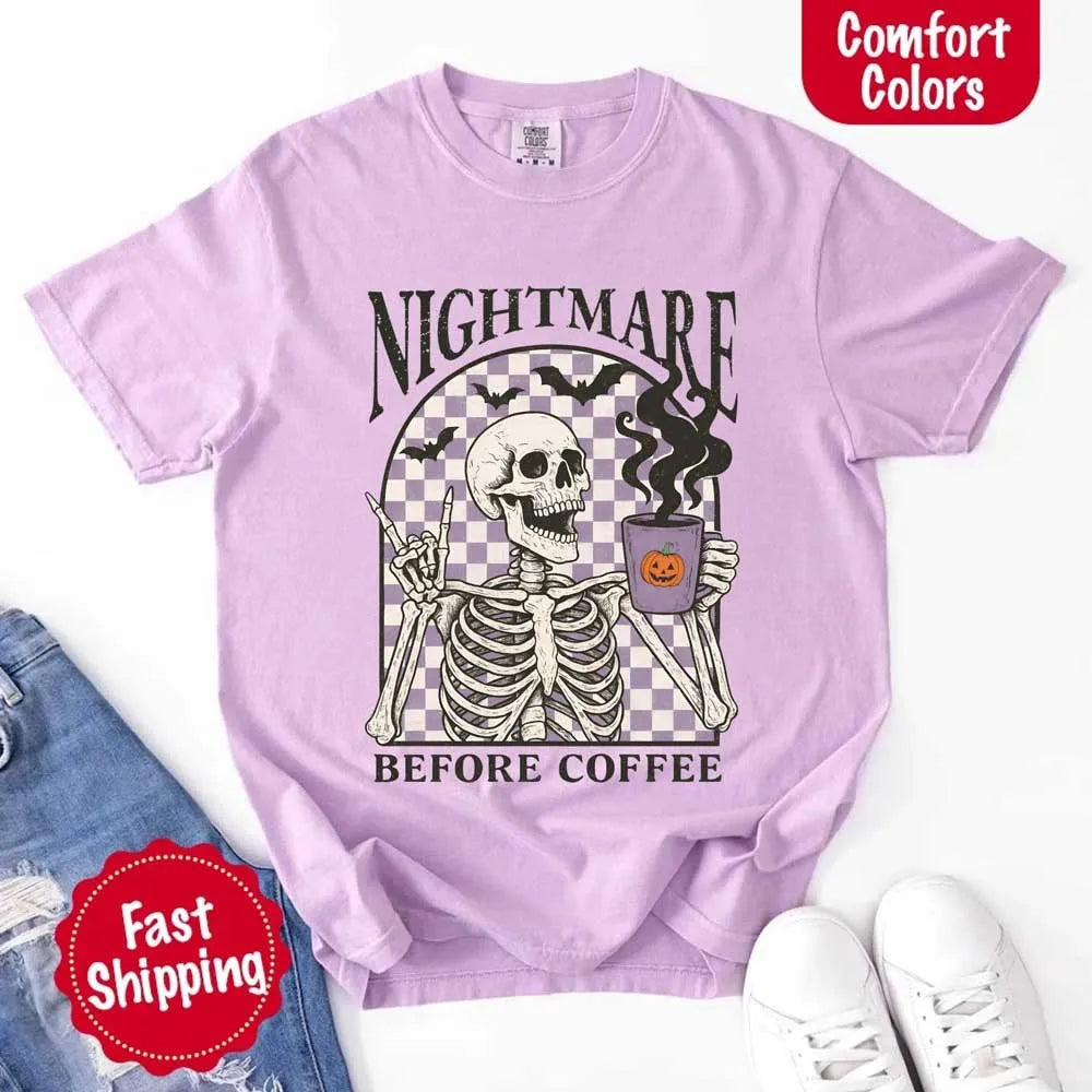 Nightmare Before Coffee Comfort Colors Shirt – Skeleton Funny Halloween Tee