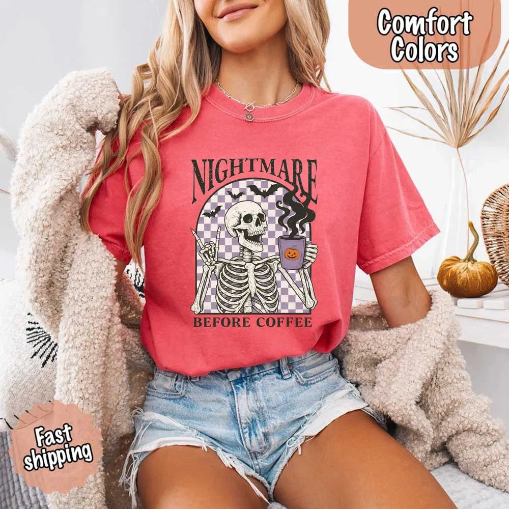 Nightmare Before Coffee Comfort Colors Shirt – Skeleton Funny Halloween Tee