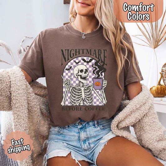 Nightmare Before Coffee Comfort Colors Shirt – Skeleton Funny Halloween Tee