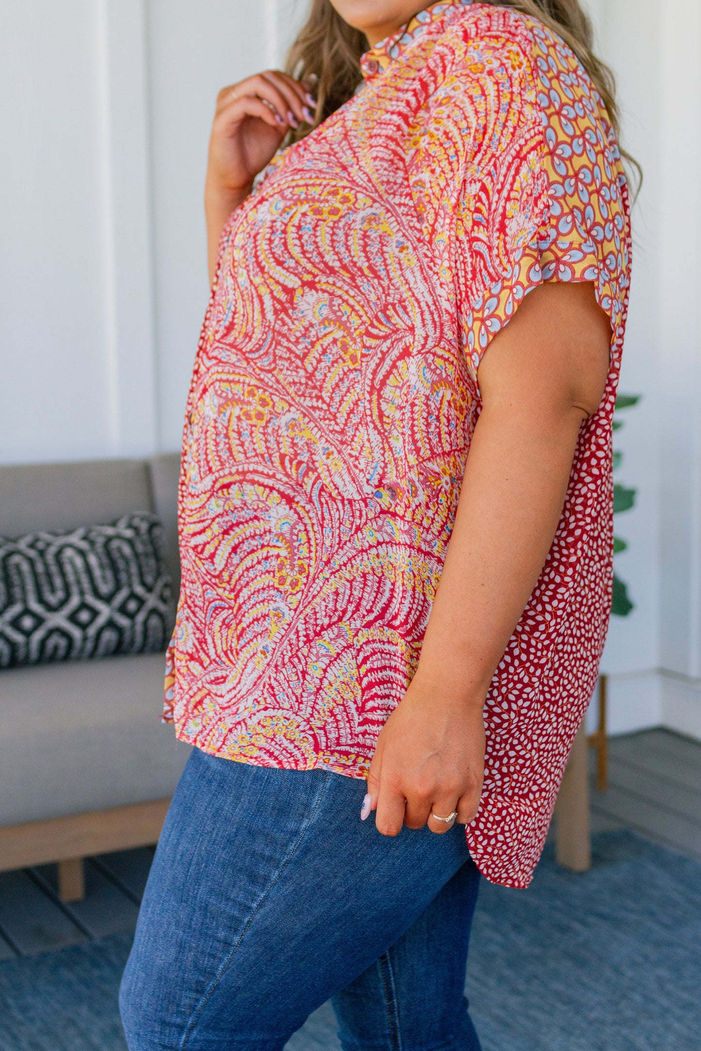 Mixed Print Lightweight Chiffon Button Down No Competition