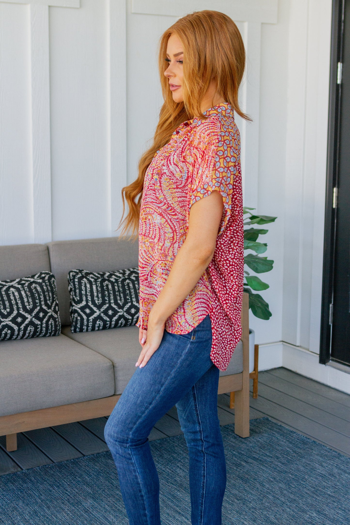 Mixed Print Lightweight Chiffon Button Down No Competition