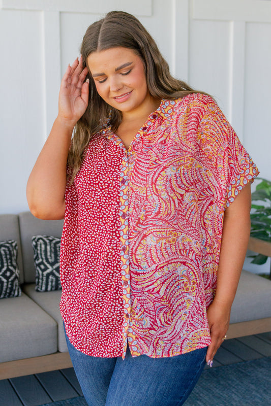 Mixed Print Lightweight Chiffon Button Down No Competition