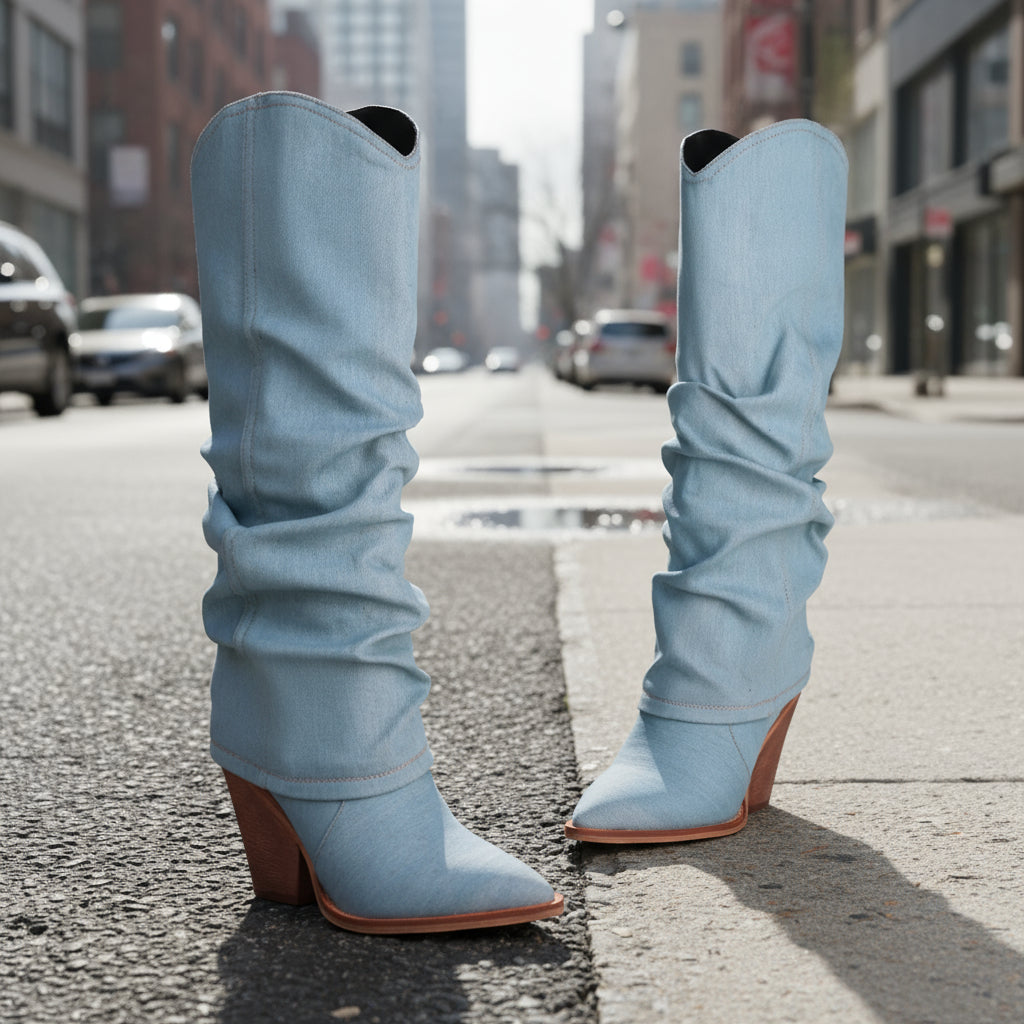 Vintage Pointed-Toe Chunky Heel High Tube Boots Statement Heels