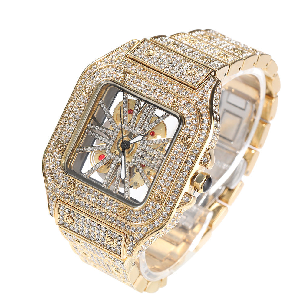 Diamond-Encrusted Hollowed-Out Square Watch Gold Skeleton Casual Men