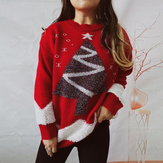 Round Neck Long Sleeve Loose Sweater Women Knitted Polyester