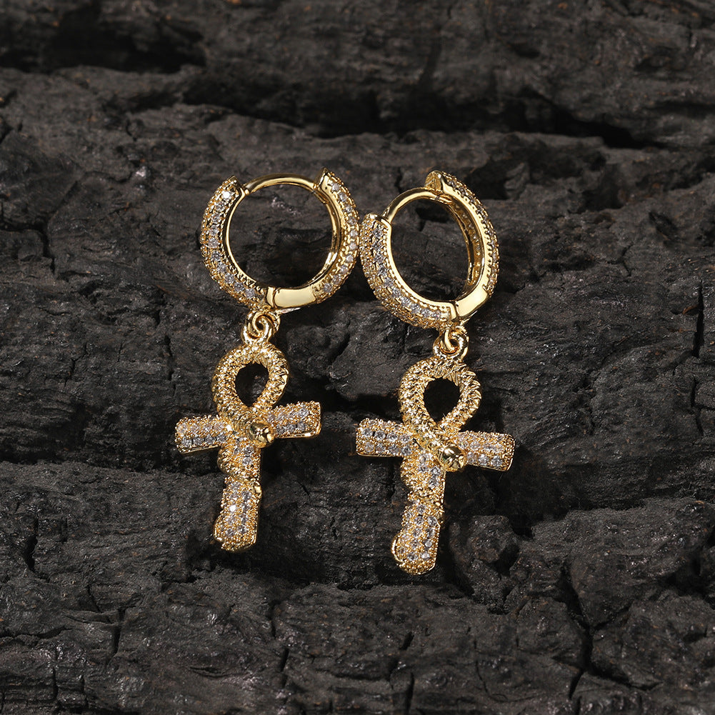 Hip-hop Gold Ankh Snake Zircon Earrings for Men