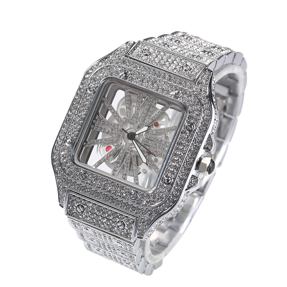 Diamond-Encrusted Hollowed-Out Square Watch Gold Skeleton Casual Men