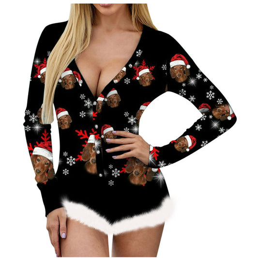 Christmas Printed Sexy Long Sleeve V-neck Backless Furry Jumpsuit Women's