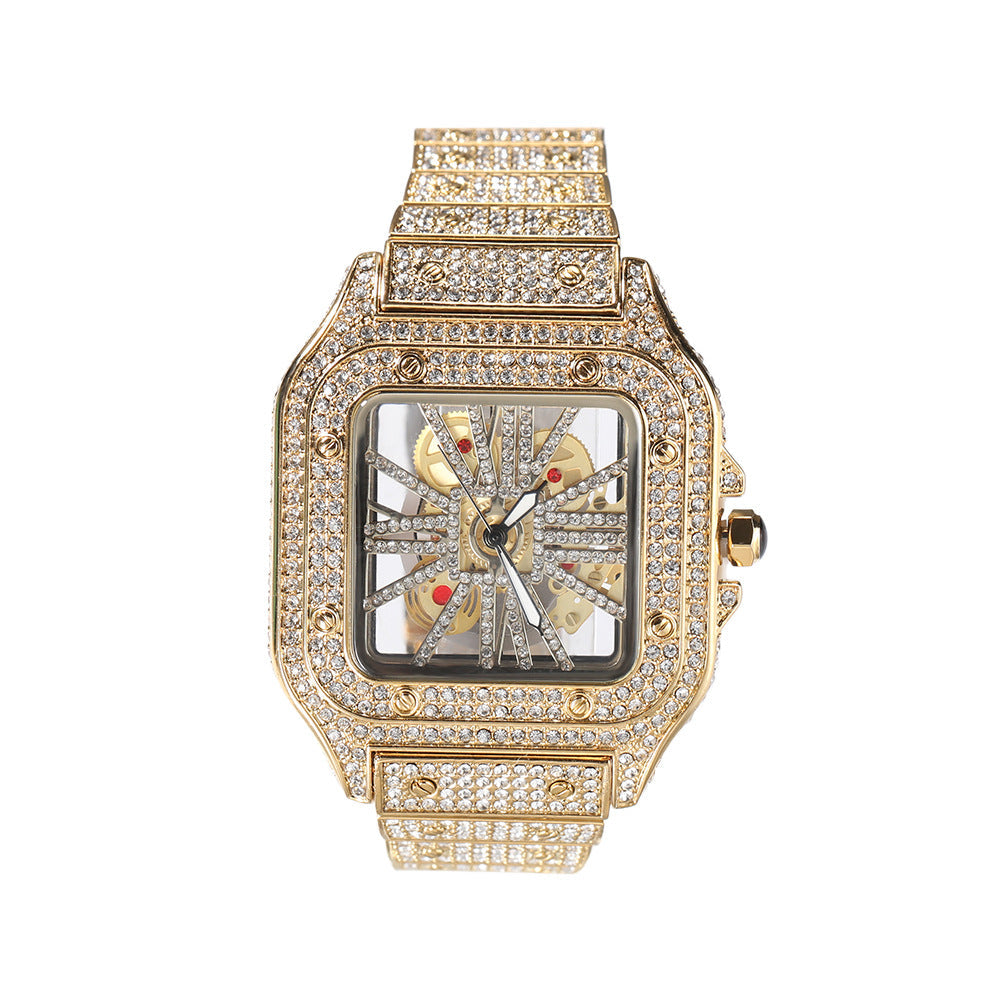 Diamond-Encrusted Hollowed-Out Square Watch Gold Skeleton Casual Men