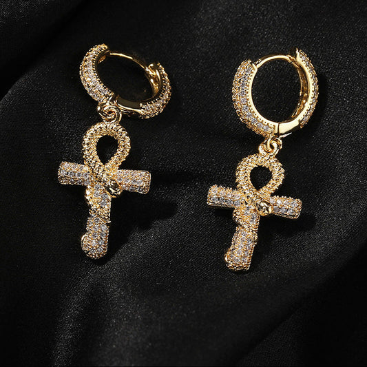 Hip-hop Gold Ankh Snake Zircon Earrings for Men