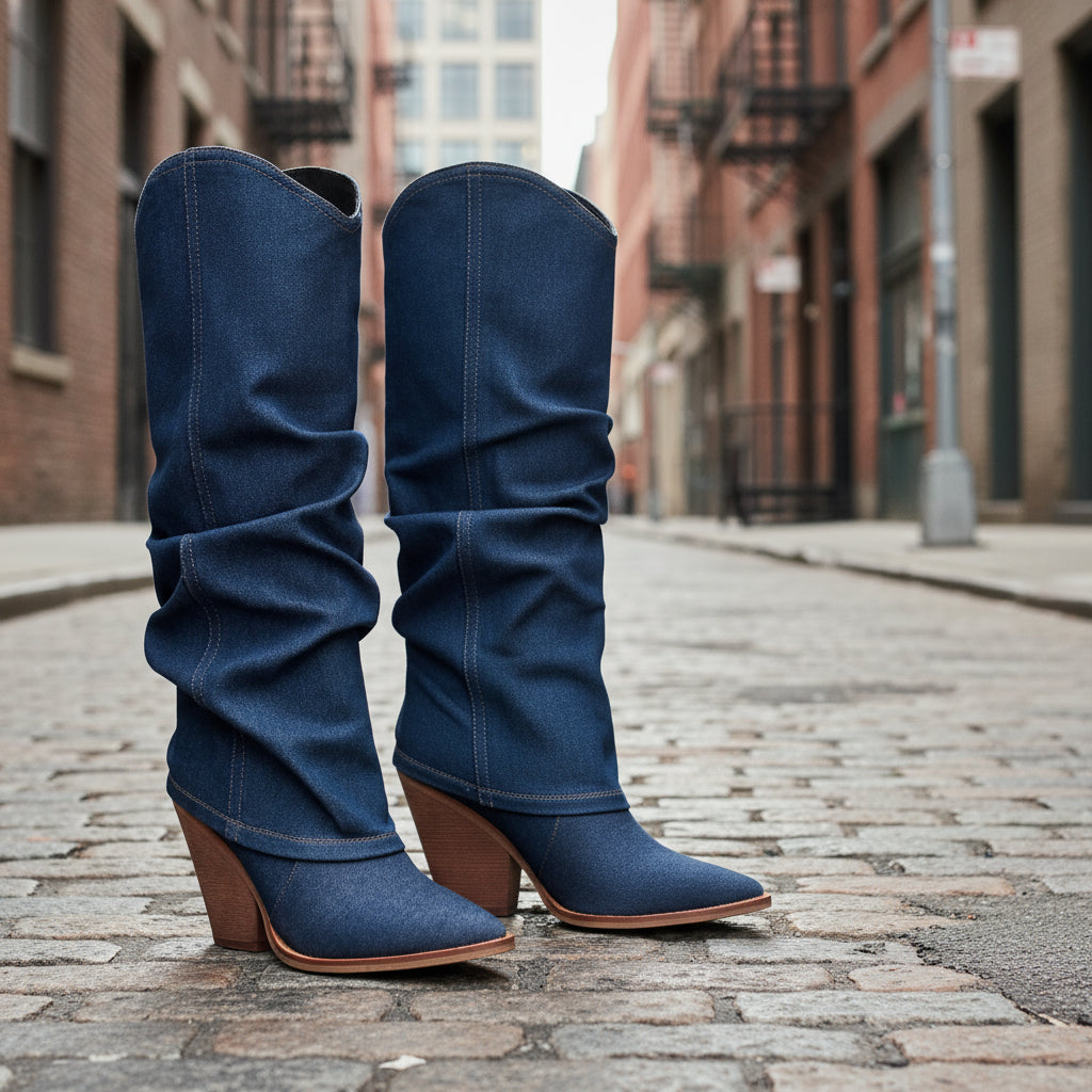 Vintage Pointed-Toe Chunky Heel High Tube Boots Statement Heels