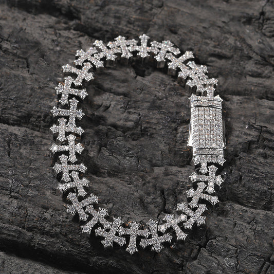 11.5MM Zircon-Encrusted Cross Hip-hop Bracelet Brass