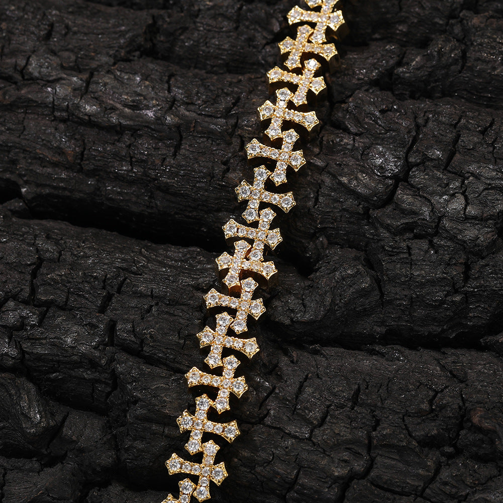 11.5MM Zircon-Encrusted Cross Hip-hop Bracelet Brass