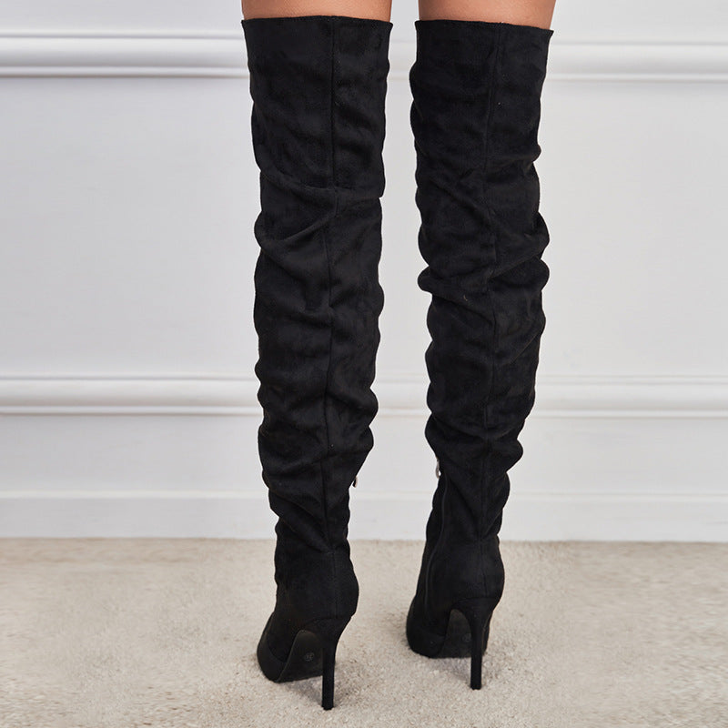 Pointed-Toe Suede High Zipper Stiletto Boots European American Chic