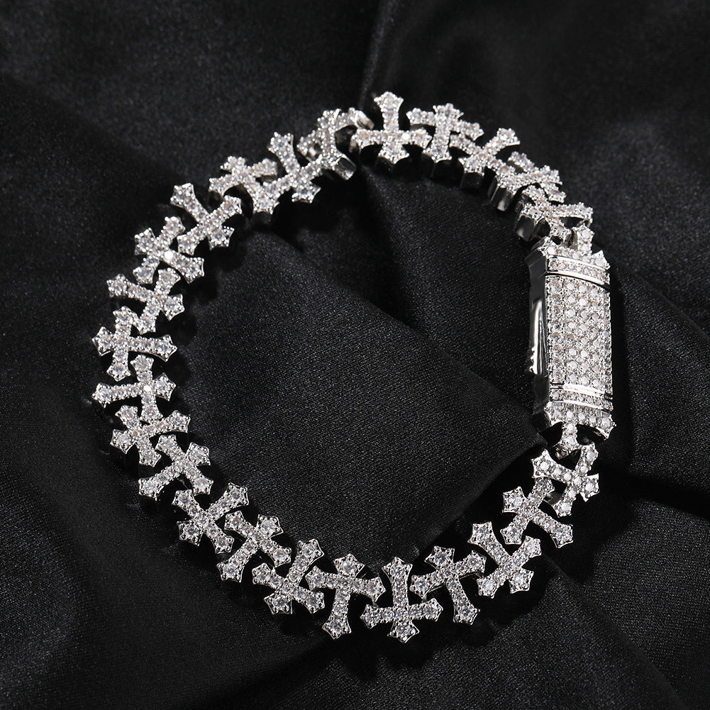 11.5MM Zircon-Encrusted Cross Hip-hop Bracelet Brass