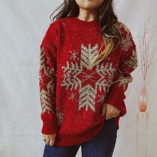 Loose Gold Line Large Snowflake Christmas Sweater Women