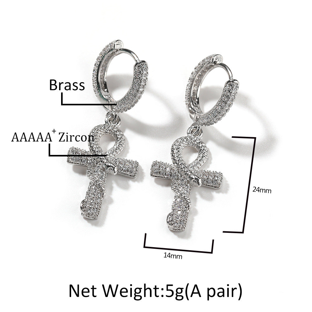 Hip-hop Gold Ankh Snake Zircon Earrings for Men