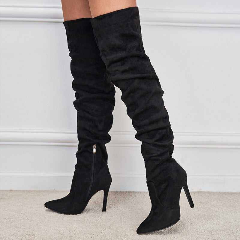 Pointed-Toe Suede High Zipper Stiletto Boots European American Chic