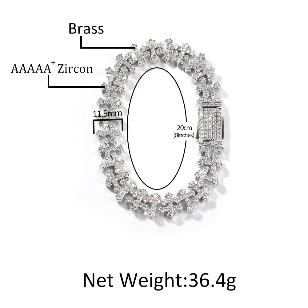 11.5MM Zircon-Encrusted Cross Hip-hop Bracelet Brass