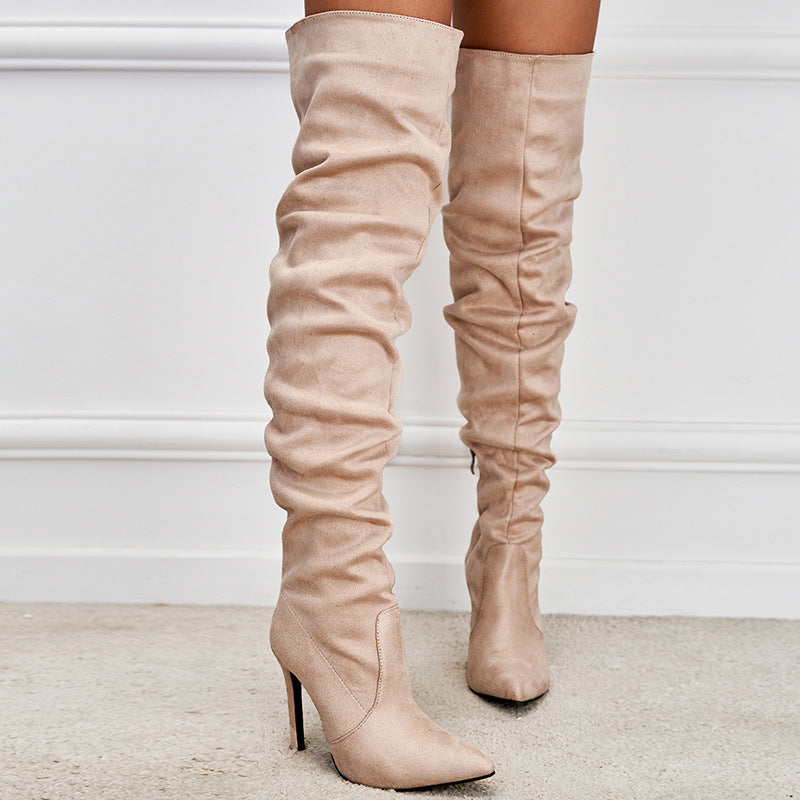 Pointed-Toe Suede High Zipper Stiletto Boots European American Chic